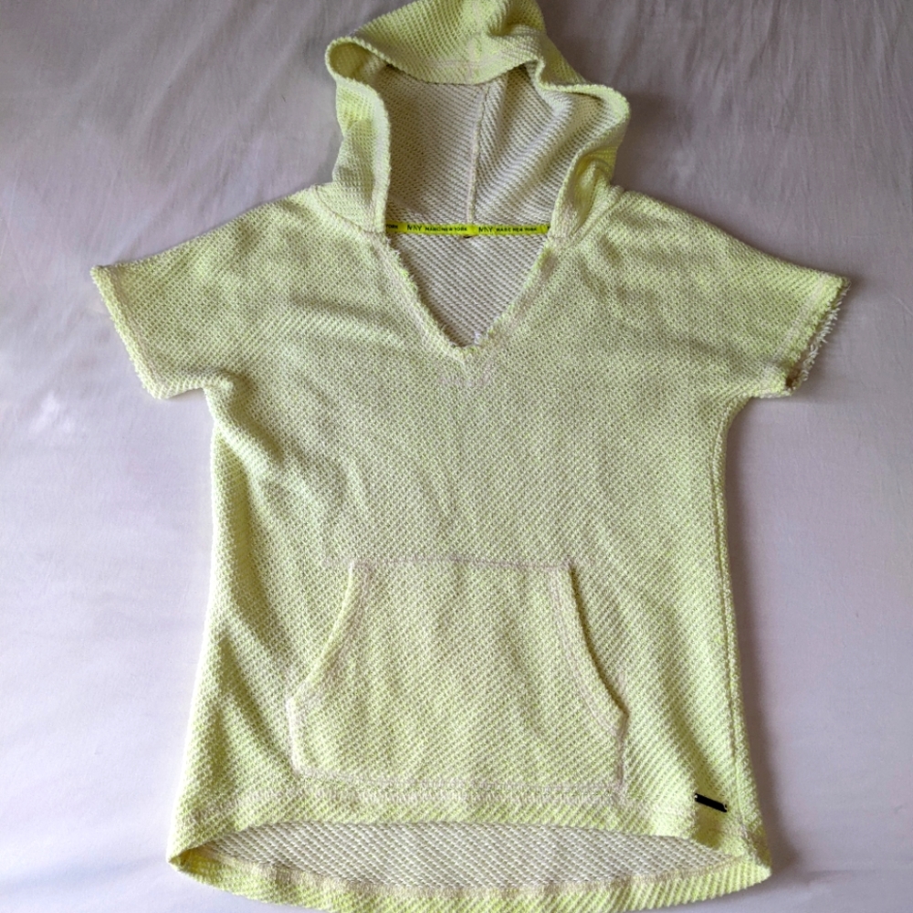 Marc New York Short Sleeve Hoodie Sweater V Neck Kangaroo Pockets Neon Yellow